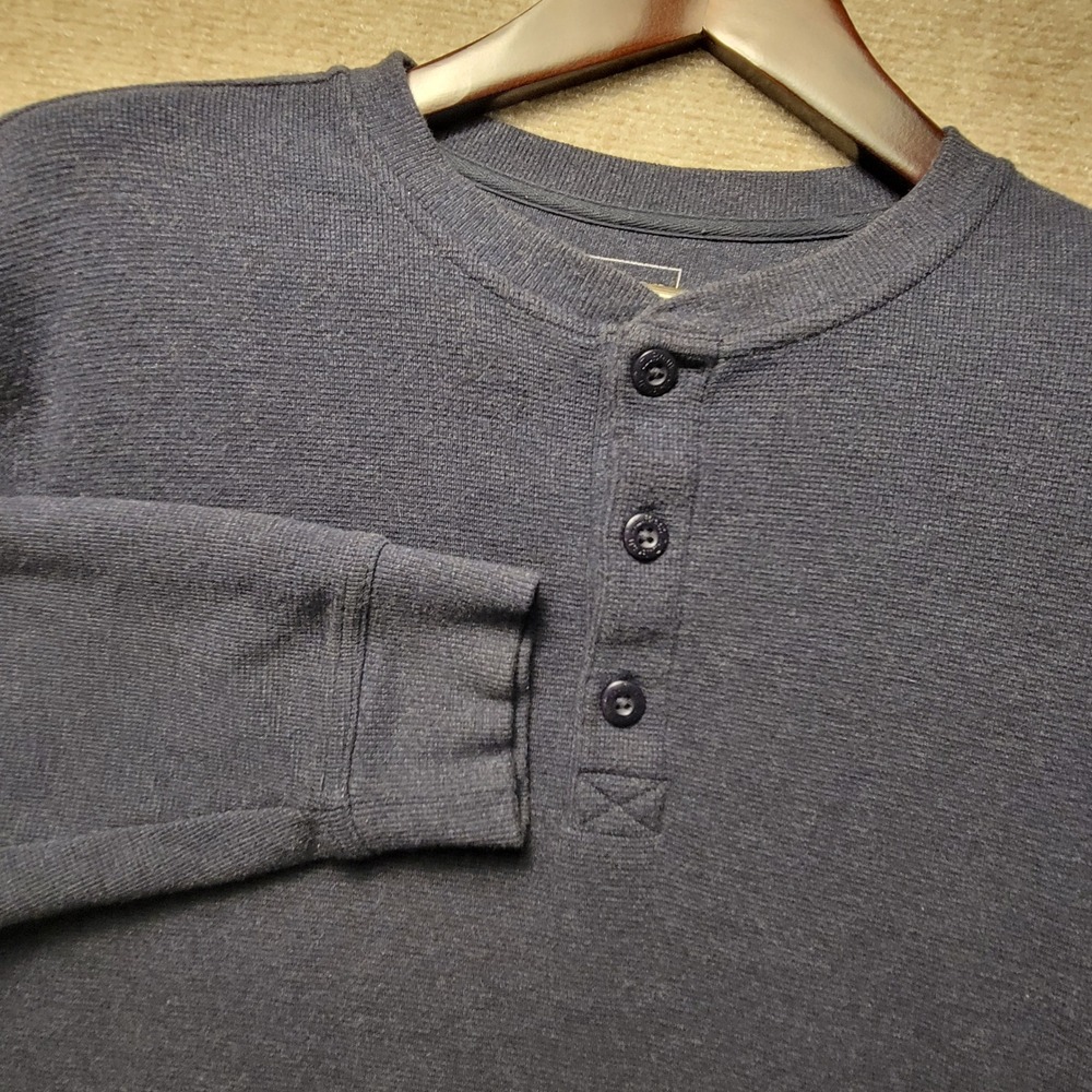 L.L. Bean Henley Shirt Mens Large Blue Navy Waffle Knit Long Sleeve Thermal